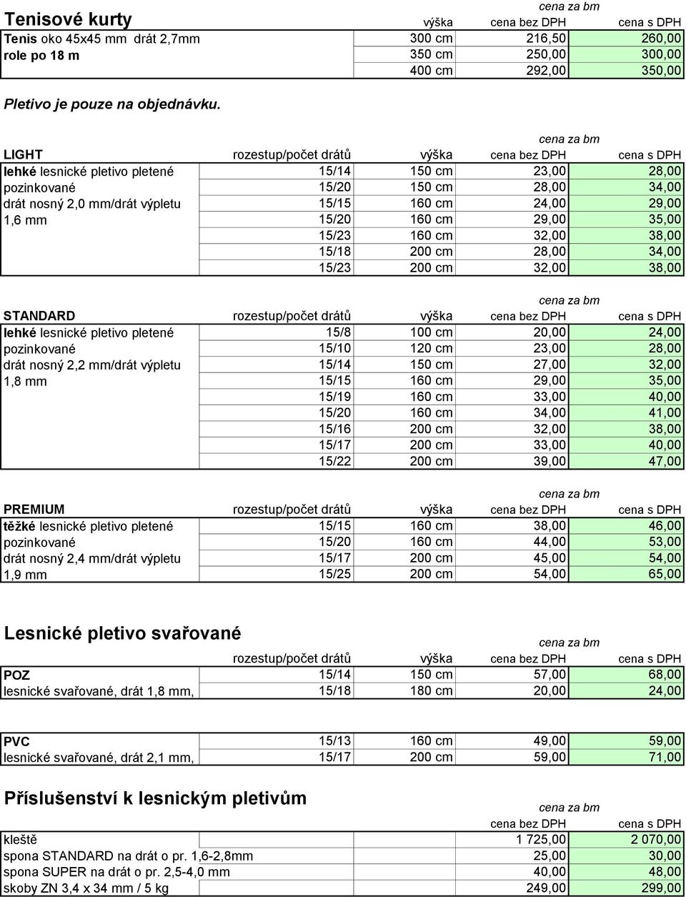 29,00 35,00 15/23 160 cm 32,00 38,00 15/18 200 cm 28,00 34,00 15/23 200 cm 32,00 38,00 STANDARD rozestup/počet drátů lehké lesnické pletivo pletené 15/8 100 cm 20,00 24,00 pozinkované 15/10 120 cm