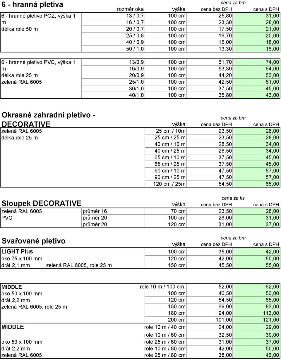 25/1,0 100 cm 42,50 51,00 30/1,0 100 cm 37,50 45,00 40/1,0 100 cm 35,80 43,00 Okrasné zahradní pletivo - DECORATIVE zelená RAL 6005 délka role 25 m 25 cm / 10m 23,50 28,00 25 cm / 25 m 23,50 28,00 40