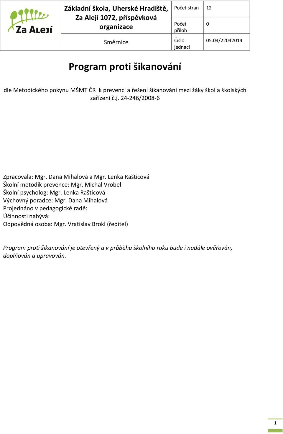 24-246/2008-6 Zpracovala: Mgr. Dana Mihalová a Mgr. Lenka Rašticová Školní metodik prevence: Mgr. Michal Vrobel Školní psycholog: Mgr.