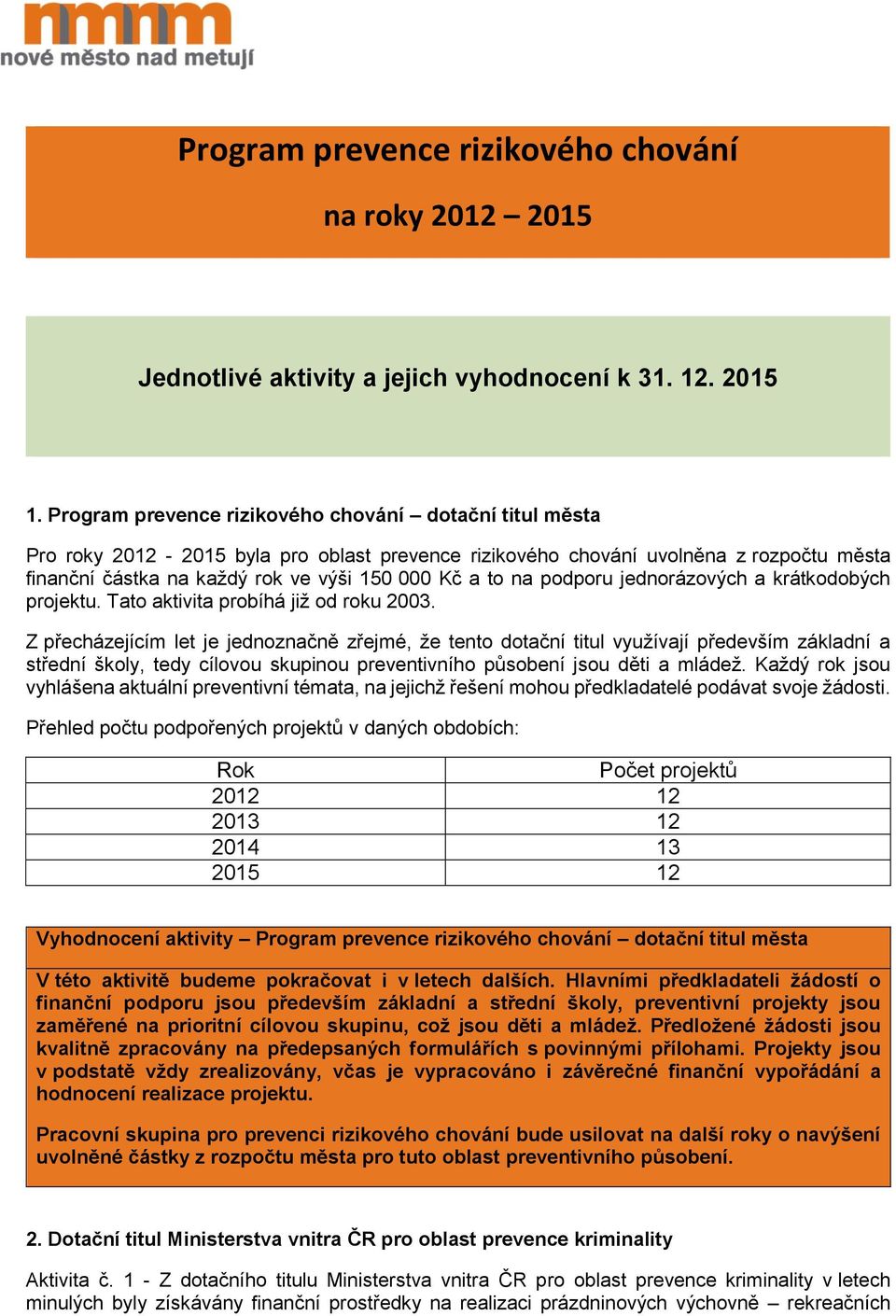 na podporu jednorázových a krátkodobých projektu. Tato aktivita probíhá již od roku 2003.