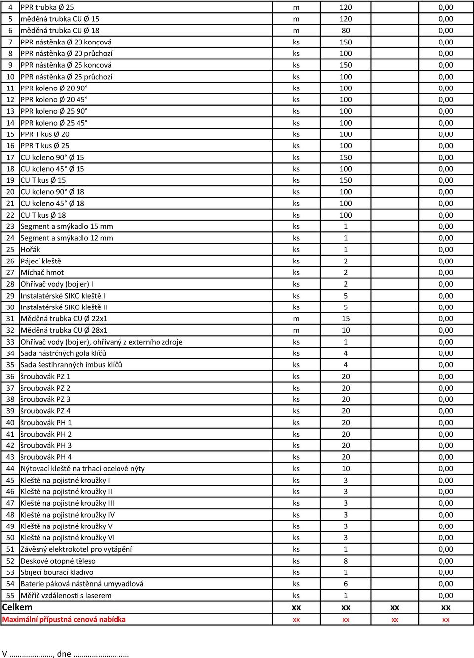 15 PPR T kus Ø 20 ks 100 0,00 16 PPR T kus Ø 25 ks 100 0,00 17 CU koleno 90 Ø 15 ks 150 0,00 18 CU koleno 45 Ø 15 ks 100 0,00 19 CU T kus Ø 15 ks 150 0,00 20 CU koleno 90 Ø 18 ks 100 0,00 21 CU