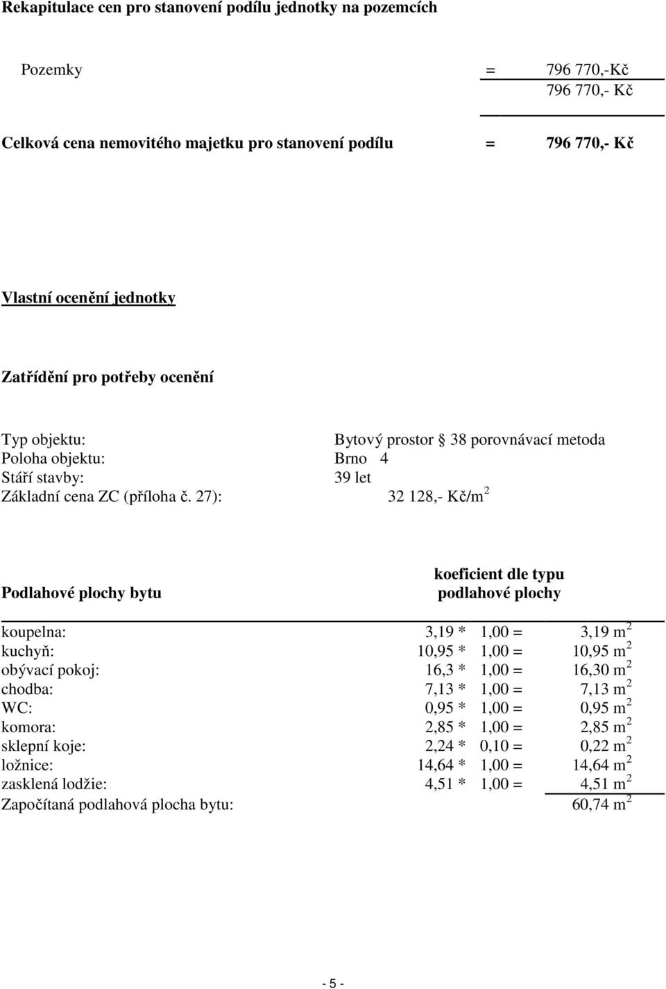 27): 32 128,- Kč/m 2 Podlahové plochy bytu koeficient dle typu podlahové plochy koupelna: 3,19 * 1,00 = 3,19 m 2 kuchyň: 10,95 * 1,00 = 10,95 m 2 obývací pokoj: 16,3 * 1,00 = 16,30 m 2 chodba: