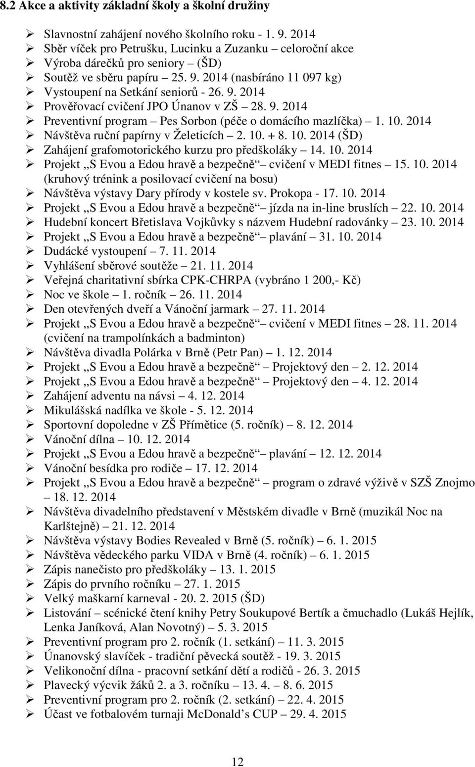 9. 2014 Preventivní program Pes Sorbon (péče o domácího mazlíčka) 1. 10. 2014 Návštěva ruční papírny v Želeticích 2. 10. + 8. 10. 2014 (ŠD) Zahájení grafomotorického kurzu pro předškoláky 14. 10. 2014 Projekt,,S Evou a Edou hravě a bezpečně cvičení v MEDI fitnes 15.