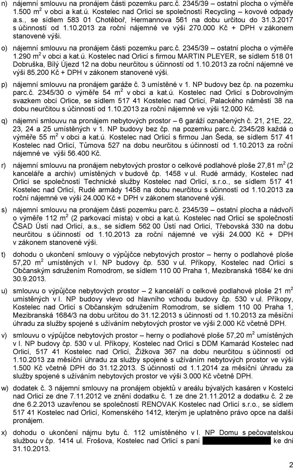 290 m 2 v obci a kat.ú. Kostelec nad Orlicí s firmou MARTIN PLEYER, se sídlem 518 01 Dobruška, Bílý Újezd 12 na dobu neurčitou s účinností od 1.10.2013 za roční nájemné ve výši 85.