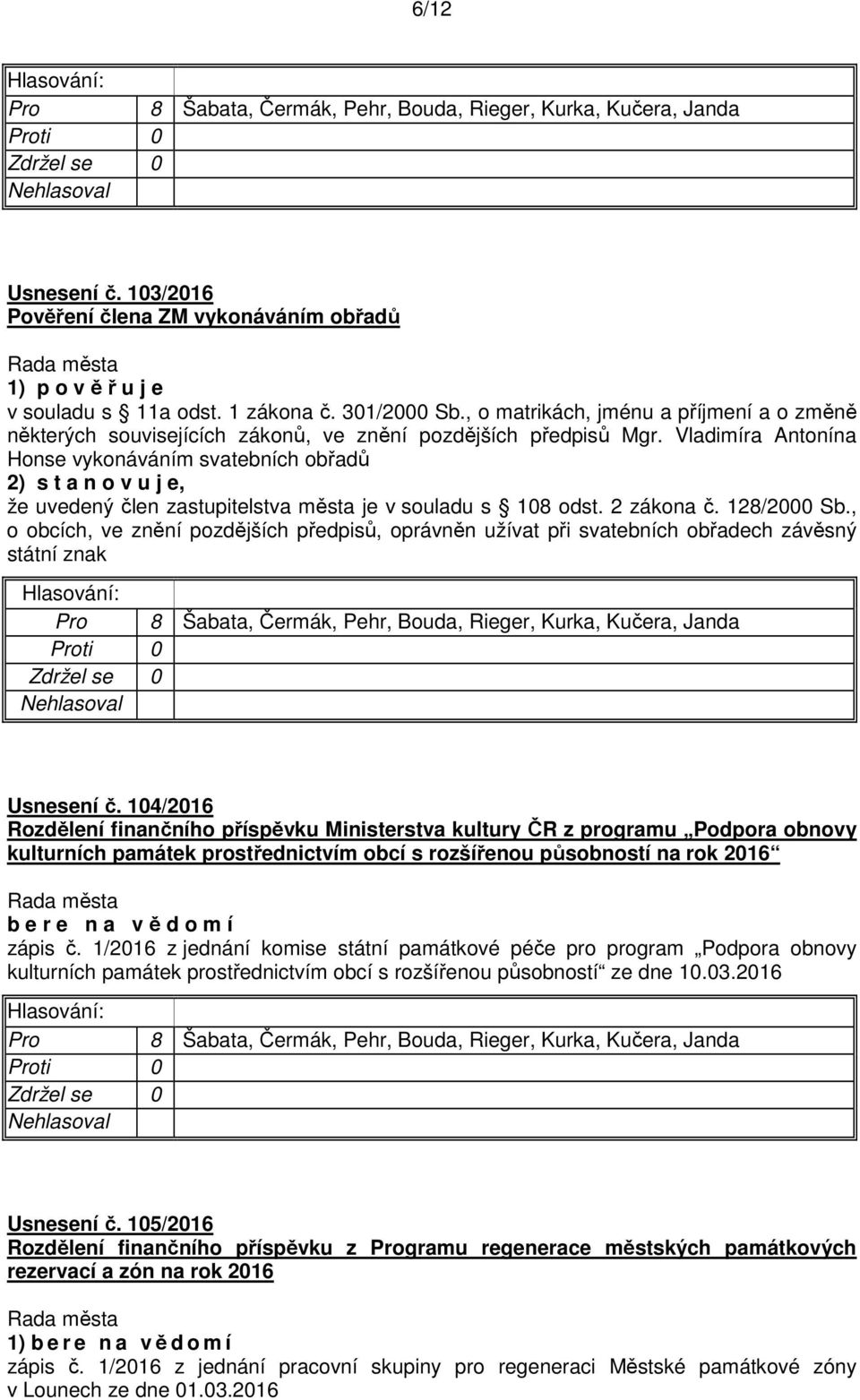 Vladimíra Antonína Honse vykonáváním svatebních obřadů 2) s t a n o v u j e, že uvedený člen zastupitelstva města je v souladu s 108 odst. 2 zákona č. 128/2000 Sb.