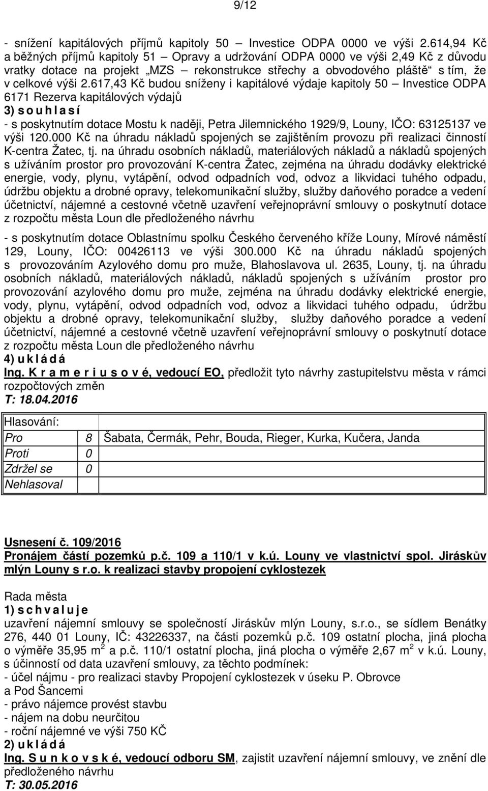 617,43 Kč budou sníženy i kapitálové výdaje kapitoly 50 Investice ODPA 6171 Rezerva kapitálových výdajů 3) s o u h l a s í - s poskytnutím dotace Mostu k naději, Petra Jilemnického 1929/9, Louny,