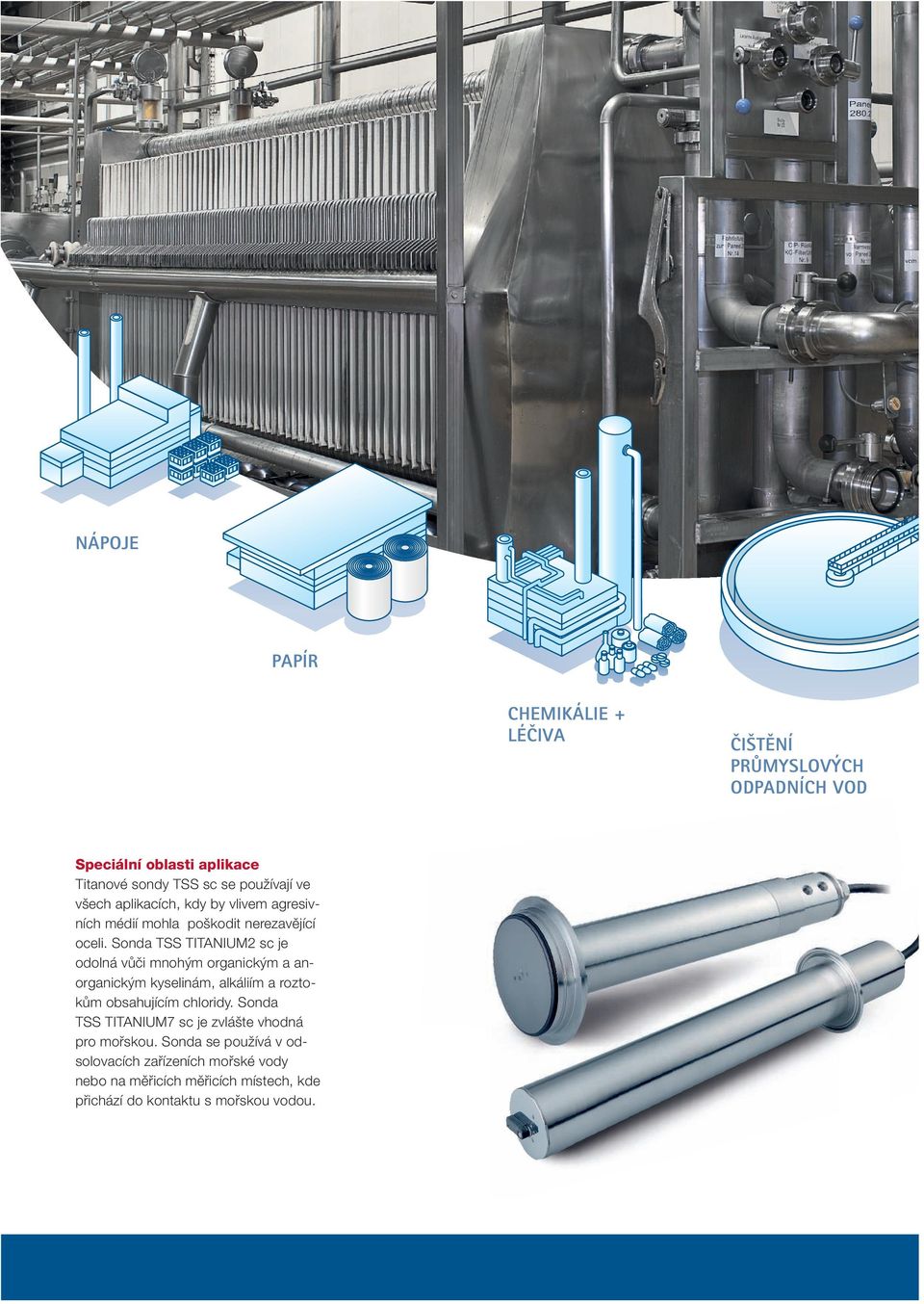 Sonda TSS TITANIUM2 sc je odolná vůči mnohým organickým a anorganickým kyselinám, alkáliím a roztokům obsahujícím chloridy.