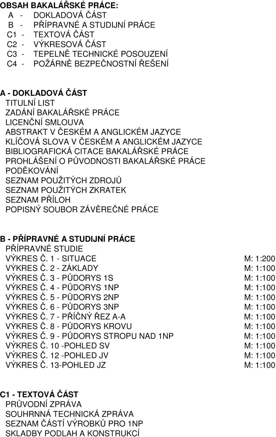 BAKALÁŘSKÉ PRÁCE PODĚKOVÁNÍ SEZNAM POUŽITÝCH ZDROJŮ SEZNAM POUŽITÝCH ZKRATEK SEZNAM PŘÍLOH POPISNÝ SOUBOR ZÁVĚREČNÉ PRÁCE B - PŘÍPRAVNÉ A STUDIJNÍ PRÁCE PŘÍPRAVNÉ STUDIE VÝKRES Č.