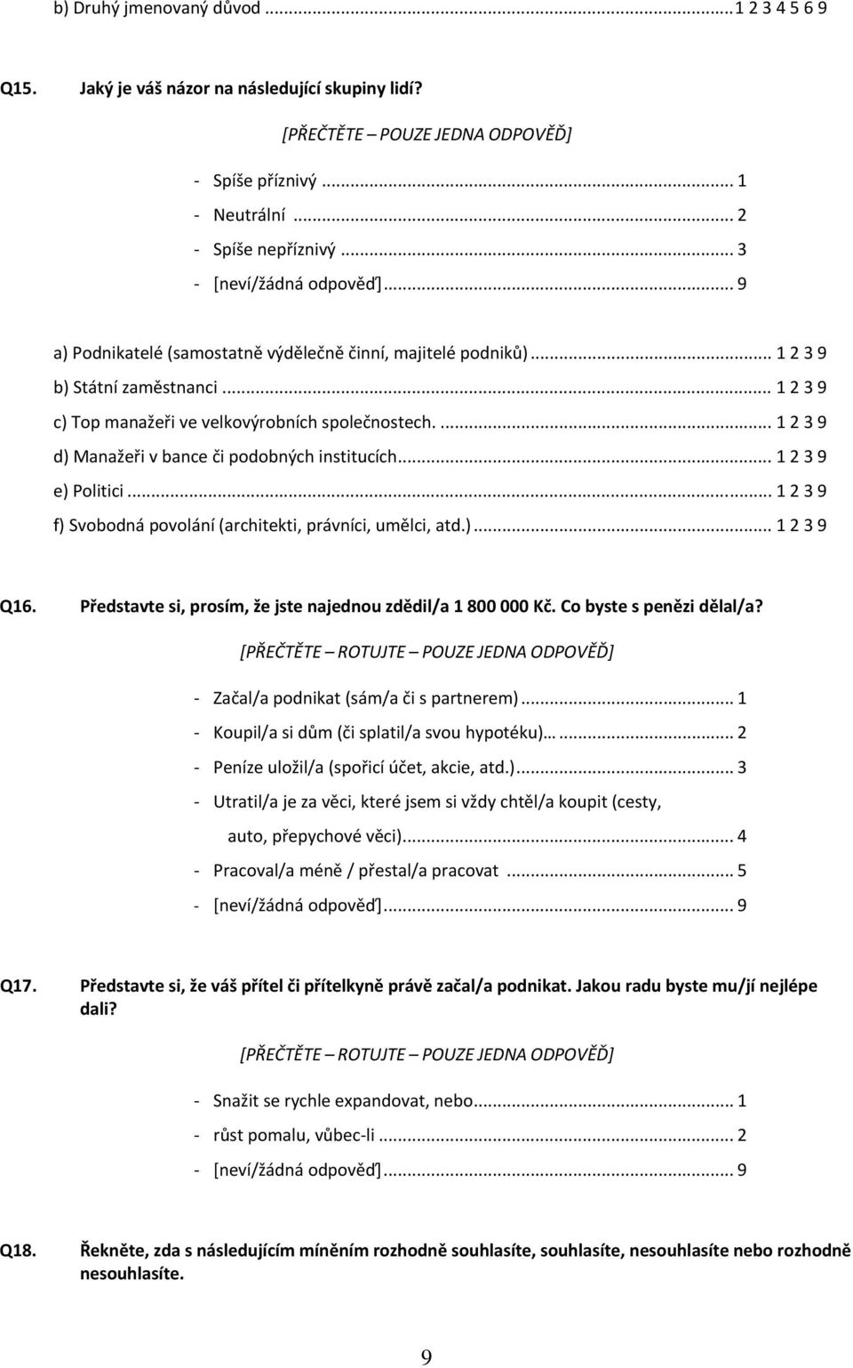 ... 1 2 3 9 d) Manažeři v bance či podobných institucích... 1 2 3 9 e) Politici... 1 2 3 9 f) Svobodná povolání (architekti, právníci, umělci, atd.)... 1 2 3 9 Q16.