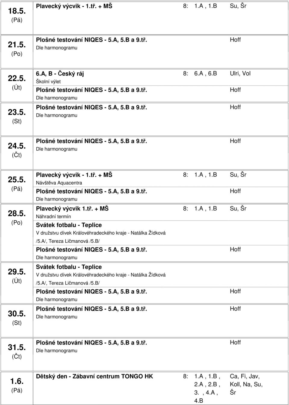 A/, Tereza Ličmanová /5.B/ Svátek fotbalu - Teplice V družstvu dívek Královéhradeckého kraje - Natálka Žídková /5.A/, Tereza Ličmanová /5.B/ 31.