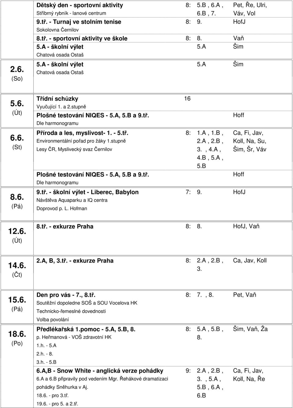 6.6. 8.6. Třídní schůzky 16:30-18:00 Vyučující 1. a 2.stupně Příroda a les, myslivost- 1. - 5.tř. 8:00-11:40 1.A, 1.B, Ca, Fi, Jav, Environmentální pořad pro žáky 1.stupně 2.A, 2.