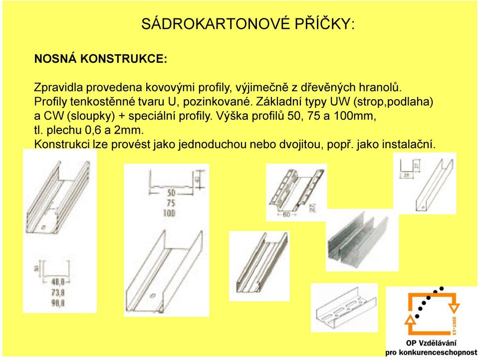 Základní typy UW (strop,podlaha) a CW (sloupky) + speciální profily.