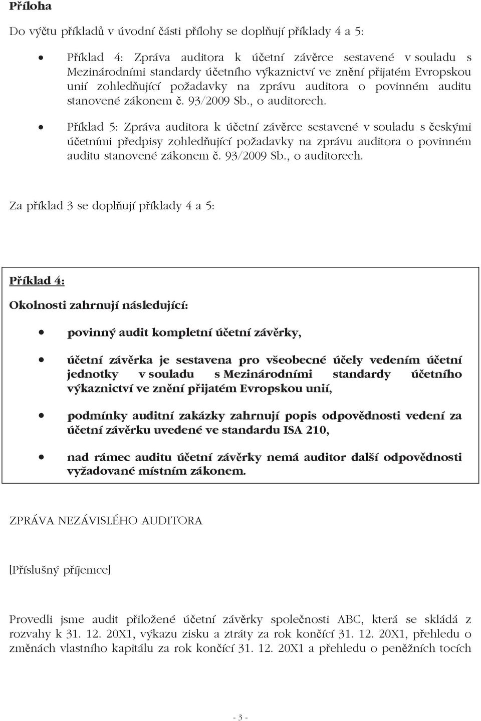 Píklad 5: Zpráva auditora k úetní závrce sestavené v souladu s eskými úetními pedpisy zohledující požadavky na zprávu auditora o povinném auditu stanovené zákonem. 93/2009 Sb., o auditorech.