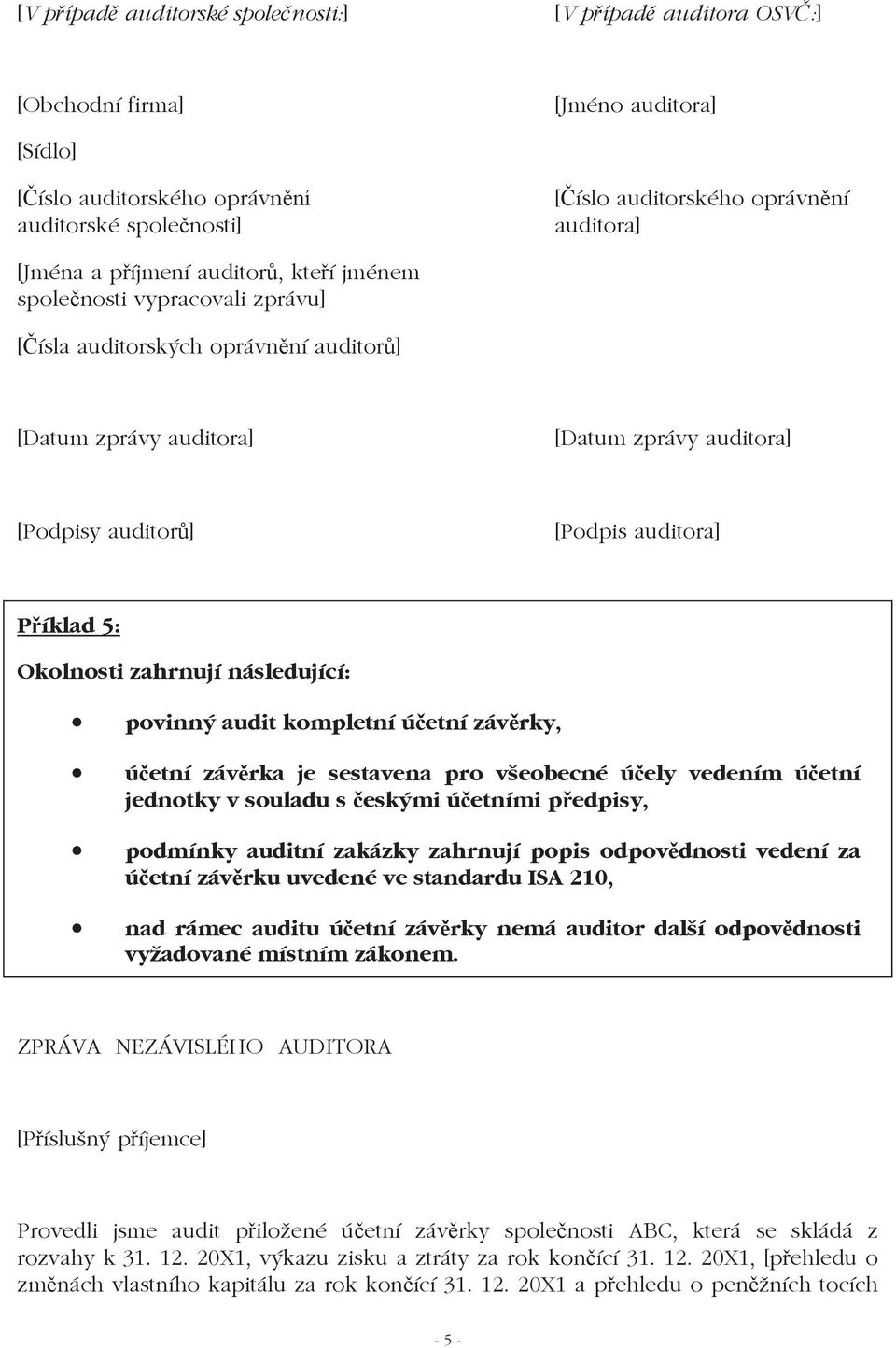 Okolnosti zahrnují následující: povinný audit kompletní úetní závrky, úetní závrka je sestavena pro všeobecné úely vedením úetní jednotky v souladu s eskými úetními pedpisy, podmínky auditní zakázky