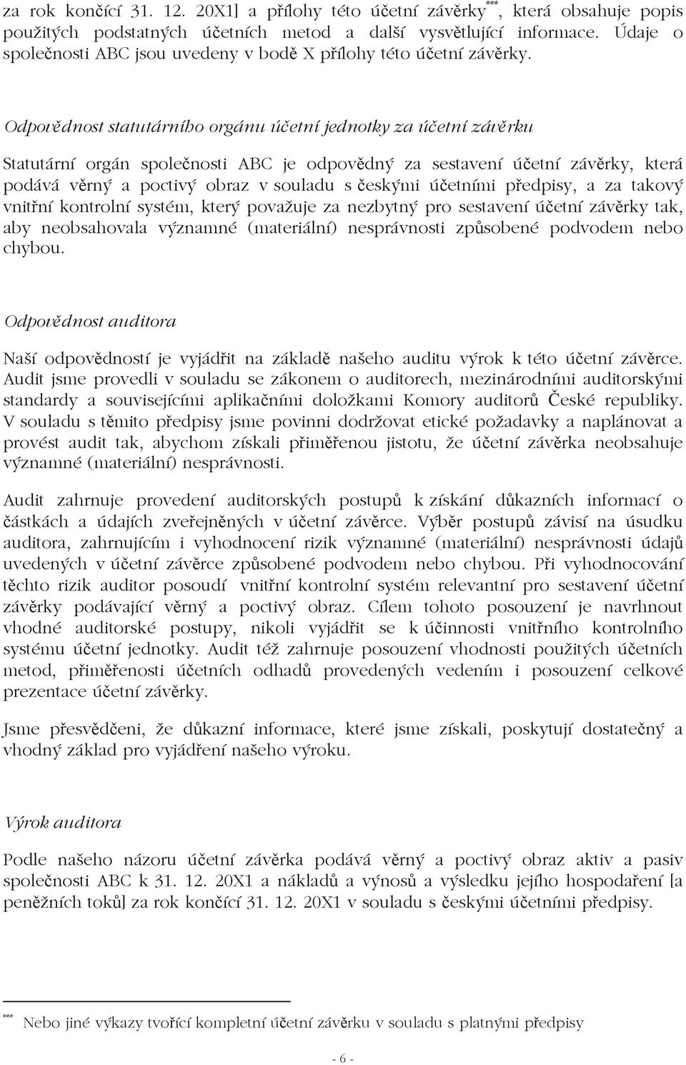 Odpovdnost statutárního orgánu úetní jednotky za úetní závrku Statutární orgán spolenosti ABC je odpovdný za sestavení úetní závrky, která podává vrný a poctivý obraz v souladu s eskými úetními