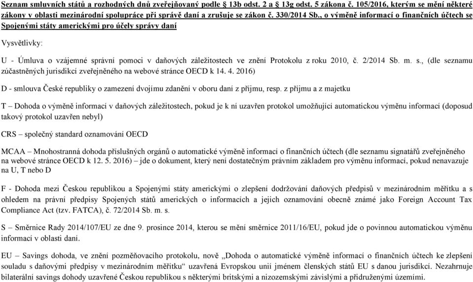 , o výměně informací o finančních účtech se Spojenými státy americkými pro účely správy daní Vysvětlivky: U - Úmluva o vzájemné správní pomoci v daňových záležitostech ve znění Protokolu z roku 2010,