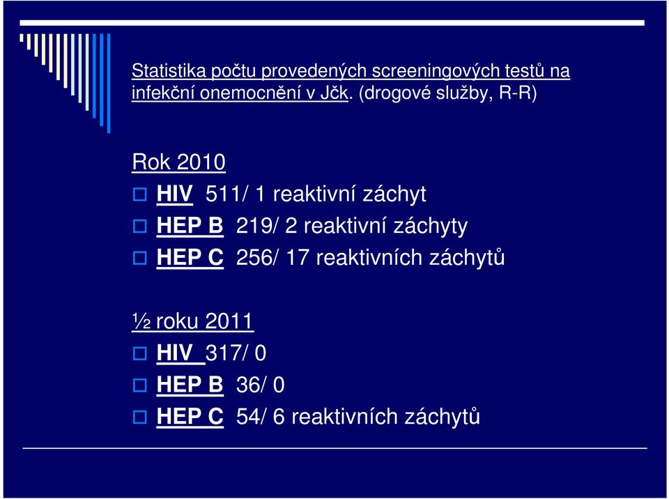 (drogové služby, R-R) Rok 2010 HIV 511/ 1 reaktivní záchyt HEP B