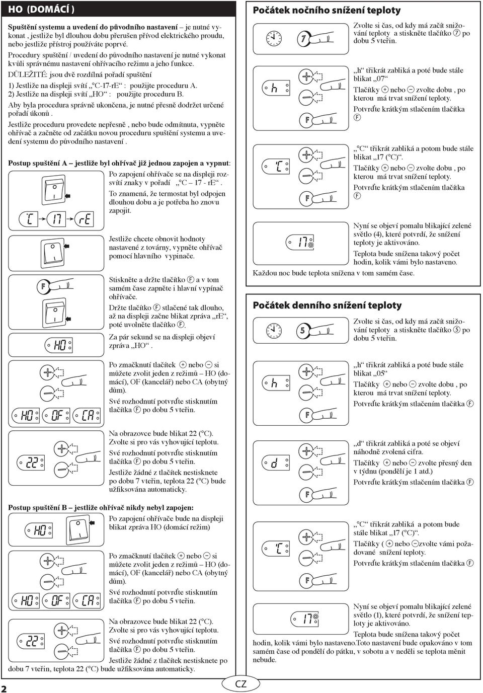 DŮLEŽITÉ: jsou dvě rozdílná pořadí spuštění 1) Jestliže na displeji svítí C-17-rE : použijte proceduru A. 2) Jestliže na displeji svítí HO : použijte proceduru B.
