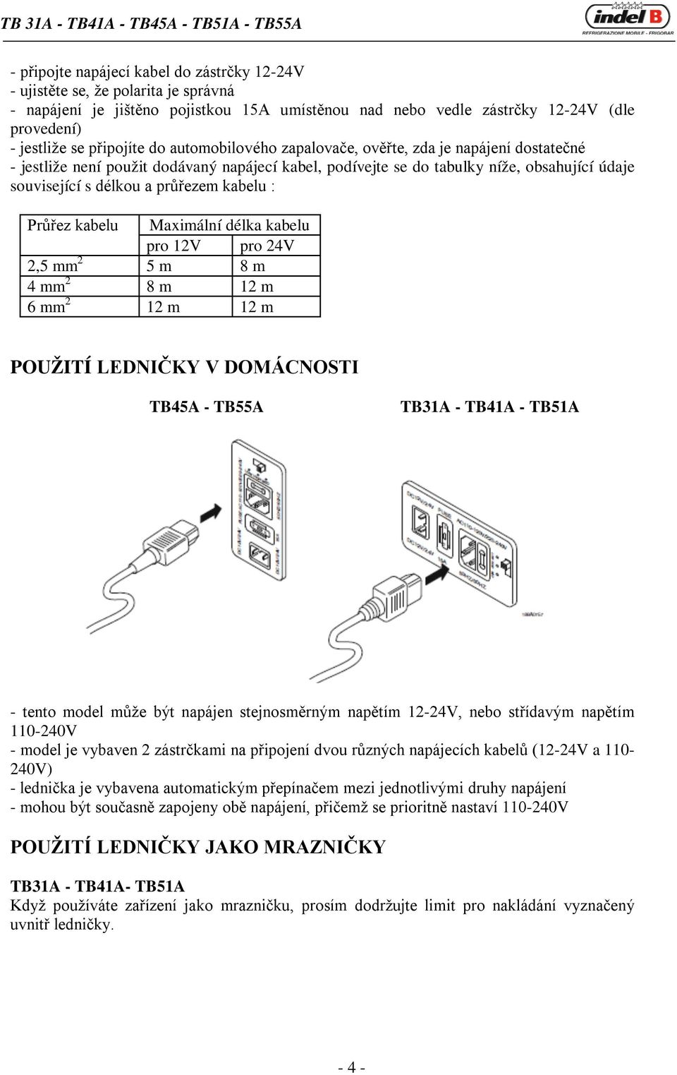 : Průřez kabelu Maximální délka kabelu pro 12V pro 24V 2,5 mm 2 5 m 8 m 4 mm 2 8 m 12 m 6 mm 2 12 m 12 m POUŽITÍ LEDNIČKY V DOMÁCNOSTI TB45A - TB55A TB31A - TB41A - TB51A - tento model může být