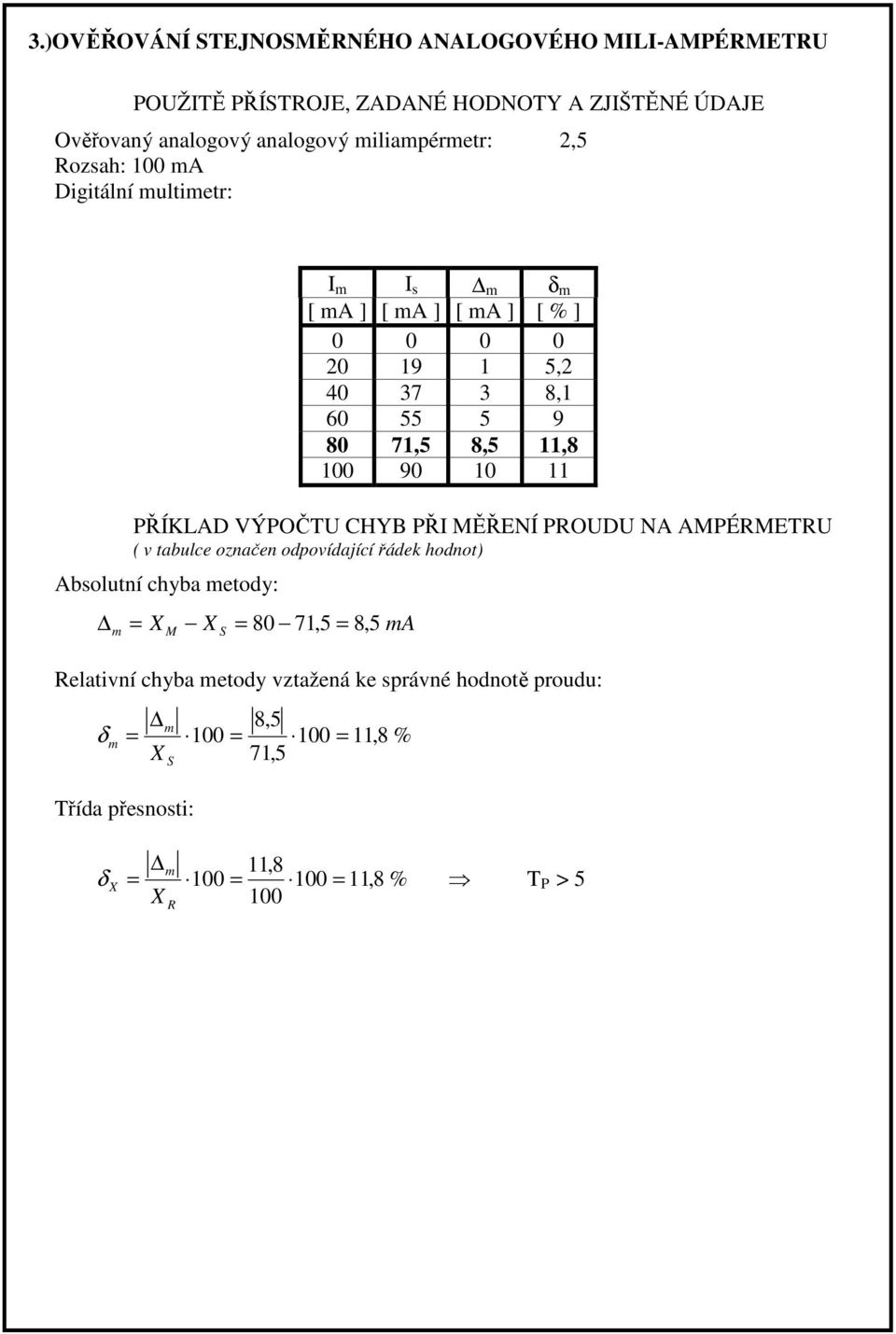 8,,8 00 90 0 PŘÍKLAD VÝPOČ CHYB PŘI MĚŘENÍ POD NA AMPÉME ( v tabulce označen odpovídající řádek hodnot) Absolutní