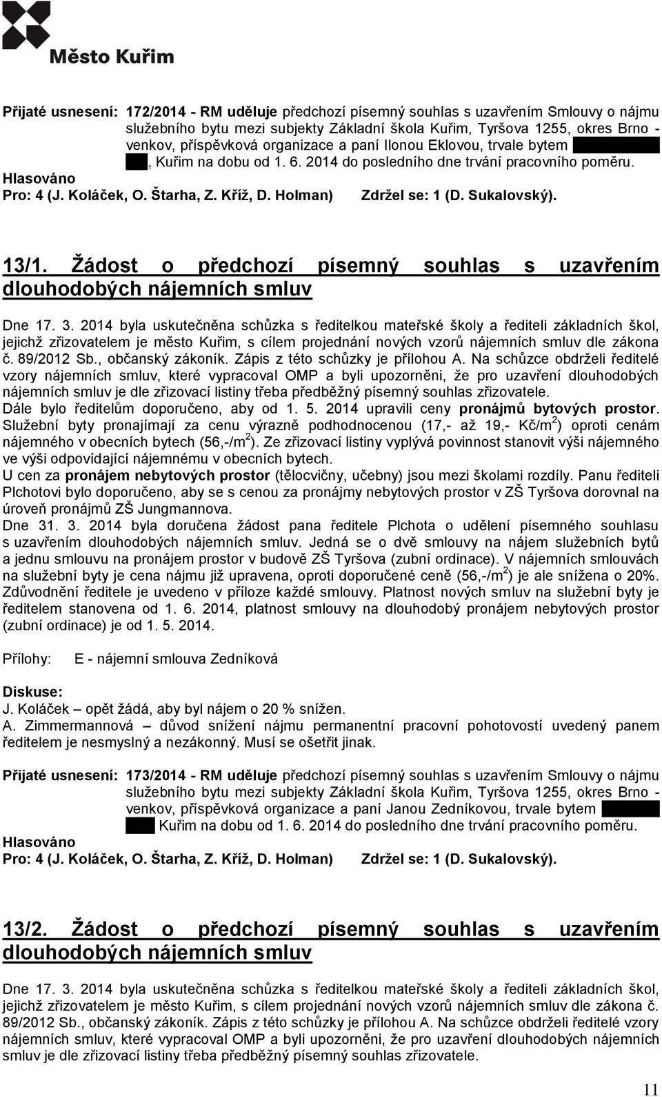 Holman) Zdržel se: 1 (D. Sukalovský). 13/1. Žádost o předchozí písemný souhlas s uzavřením dlouhodobých nájemních smluv Dne 17. 3.