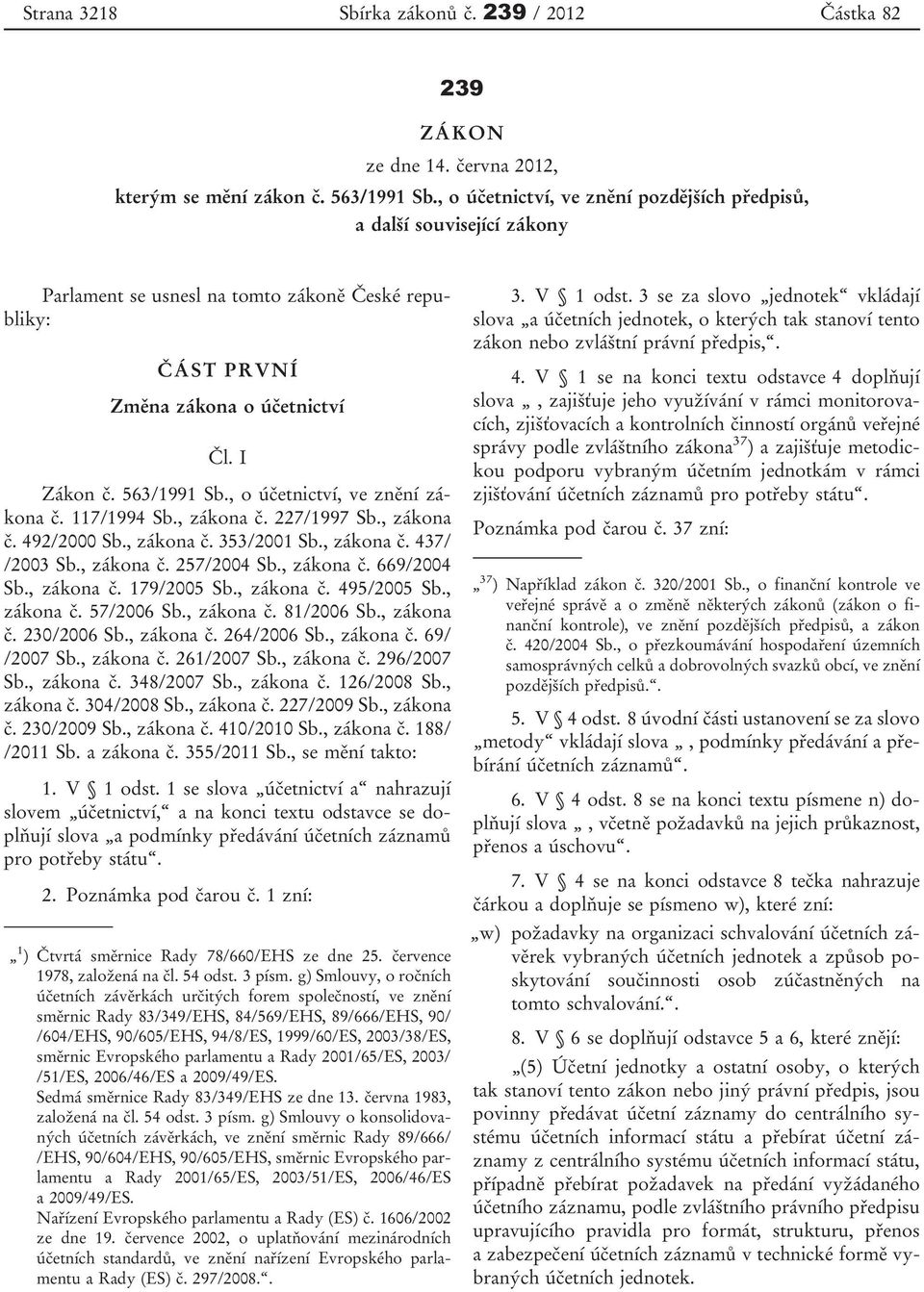 , o účetnictví, ve znění zákona č. 117/1994 Sb., zákona č. 227/1997 Sb., zákona č. 492/2000 Sb., zákona č. 353/2001 Sb., zákona č. 437/ /2003 Sb., zákona č. 257/2004 Sb., zákona č. 669/2004 Sb.