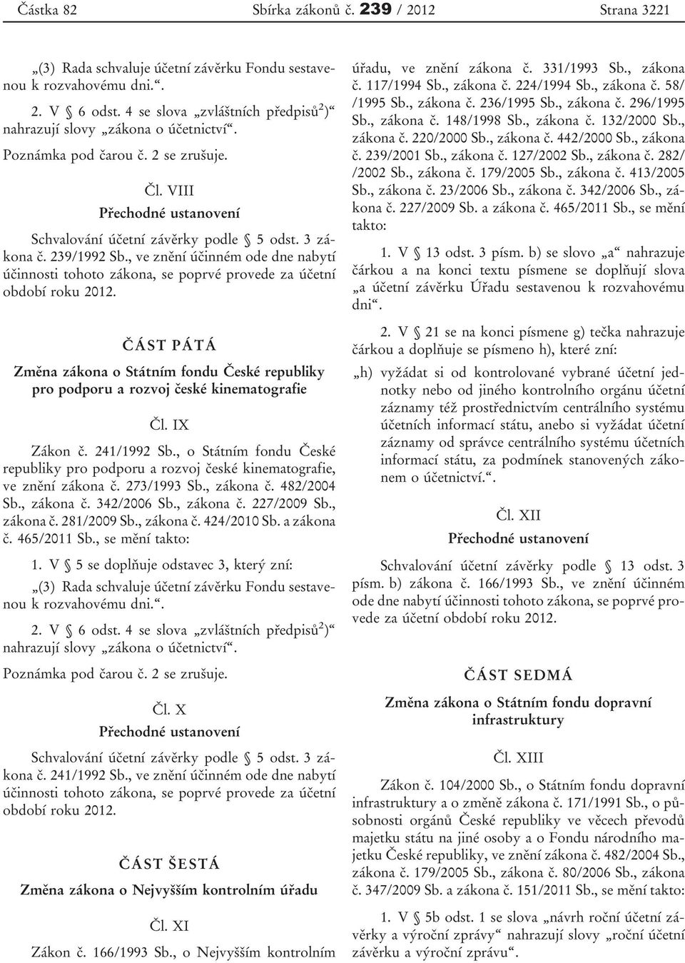 , ve znění účinném ode dne nabytí ČÁST PÁTÁ Změna zákona o Státním fondu České republiky pro podporu a rozvoj české kinematografie Čl. IX Zákon č. 241/1992 Sb.