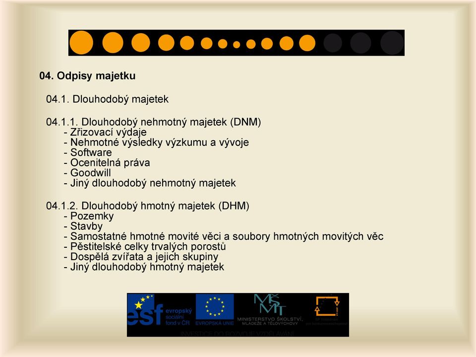 1. Dlouhodobý nehmotný majetek (DNM) - Zřizovací výdaje - Nehmotné výsledky výzkumu a vývoje - Software -