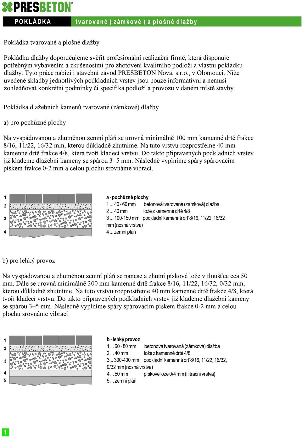 Níže uvedené skladby jednotlivých podkladních vrstev jsou pouze informativní a nemusí zohledňovat konkrétní podmínky či specifika podloží a provozu v daném místě stavby.