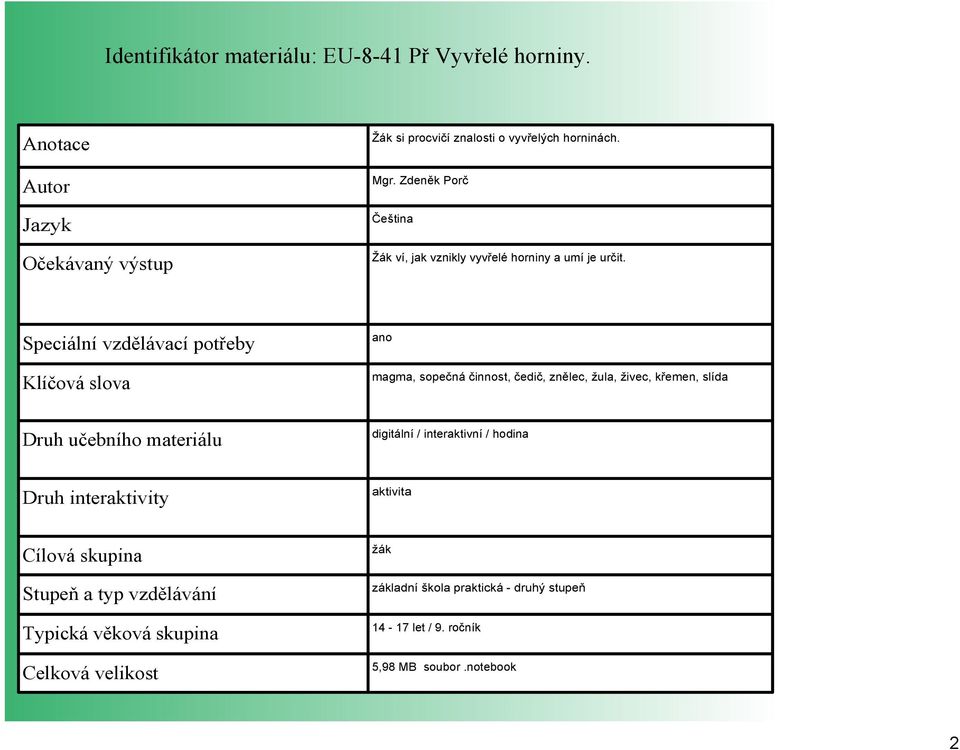 Speciální vzdělávací potřeby Klíčová slova ano magma, sopečná činnost, čedič, znělec, žula, živec, křemen, slída Druh učebního materiálu