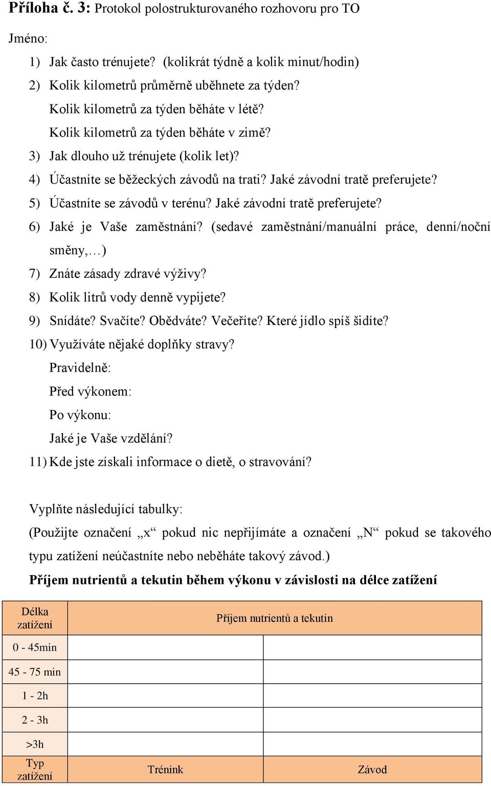 5) Účastníte se závodů v terénu? Jaké závodní tratě preferujete? 6) Jaké je Vaše zaměstnání? (sedavé zaměstnání/manuální práce, denní/noční směny, ) 7) Znáte zásady zdravé výživy?