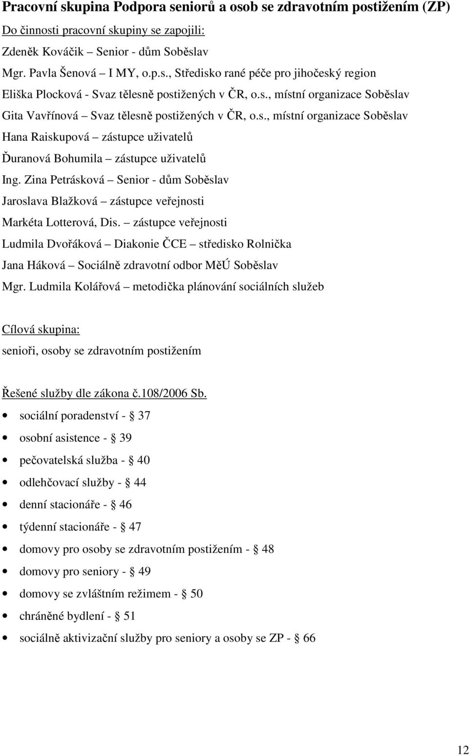 Zina Petrásková Senior - dům Soběslav Jaroslava Blažková zástupce veřejnosti Markéta Lotterová, Dis.