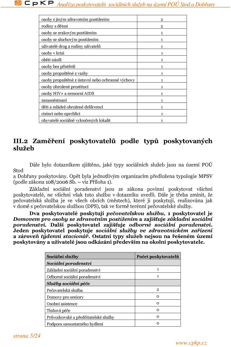 cizinci nebo uprchlíci 1 obyvatelé sociálně vyloučených lokalit 1 III.