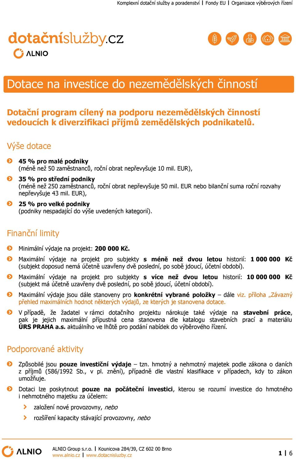 EUR nebo bilanční suma roční rozvahy nepřevyšuje 43 mil. EUR), 25 % pro velké podniky (podniky nespadající do výše uvedených kategorií). Finanční limity Minimální výdaje na projekt: 200 000 Kč.