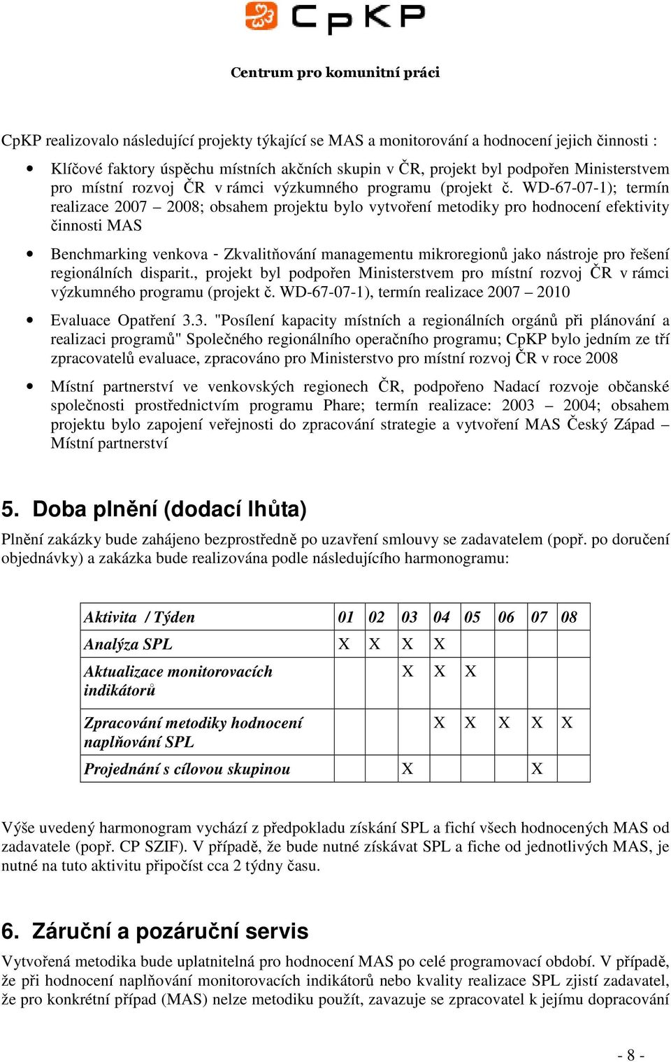 WD-67-07-1); termín realizace 2007 2008; obsahem projektu bylo vytvoření metodiky pro hodnocení efektivity činnosti MAS Benchmarking venkova - Zkvalitňování managementu mikroregionů jako nástroje pro