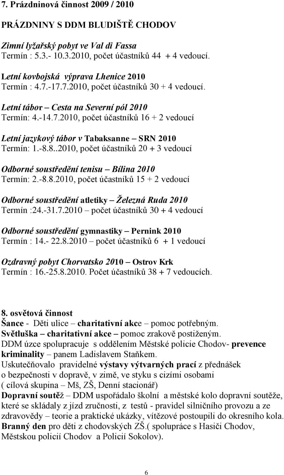 -8.8..2010, počet účastníků 20 + 3 vedoucí Odborné soustředění tenisu Bílina 2010 Termín: 2.-8.8.2010, počet účastníků 15 + 2 vedoucí Odborné soustředění atletiky Železná Ruda 2010 Termín :24.-31.7.