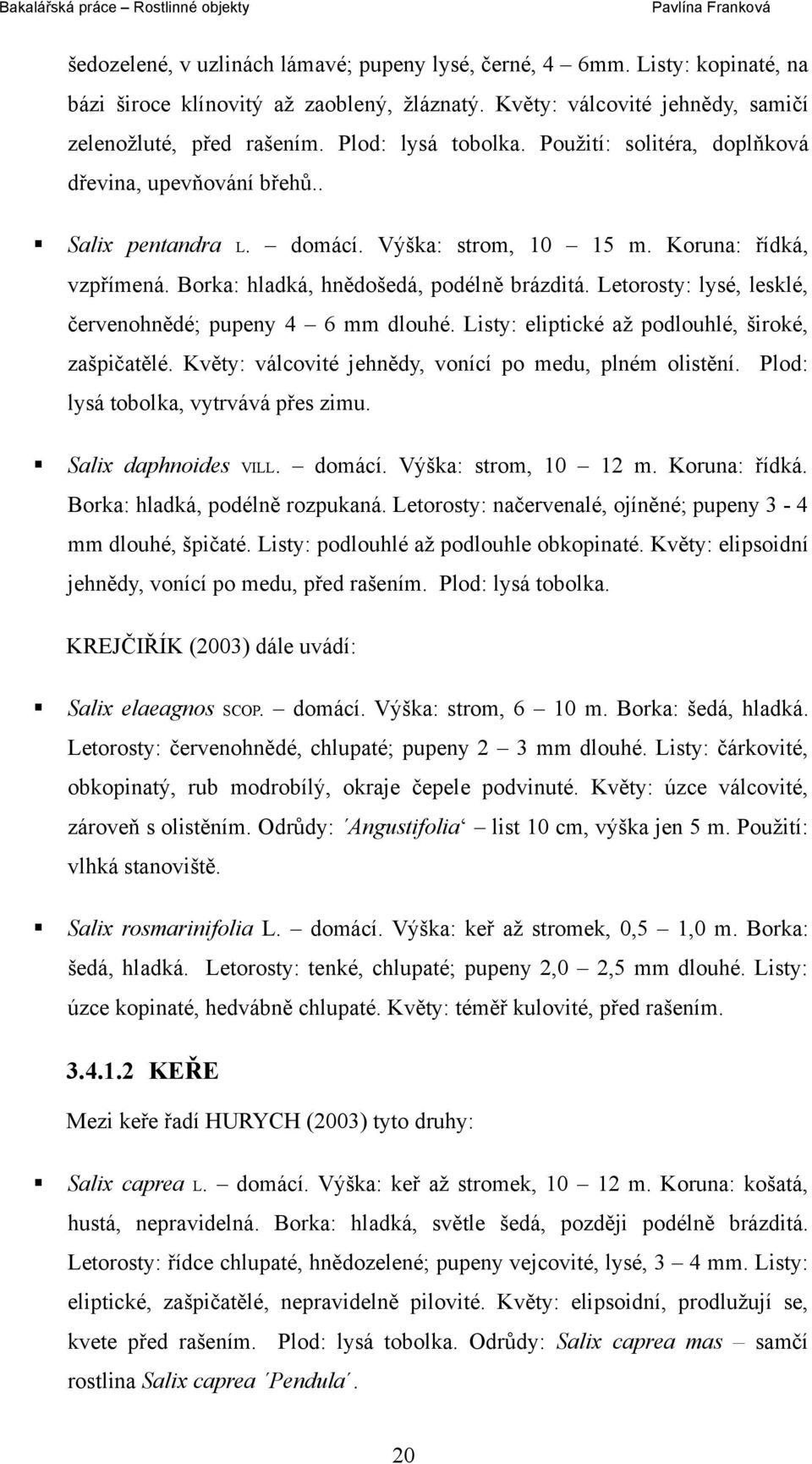 Letorosty: lysé, lesklé, červenohnědé; pupeny 4 6 mm dlouhé. Listy: eliptické až podlouhlé, široké, zašpičatělé. Květy: válcovité jehnědy, vonící po medu, plném olistění.