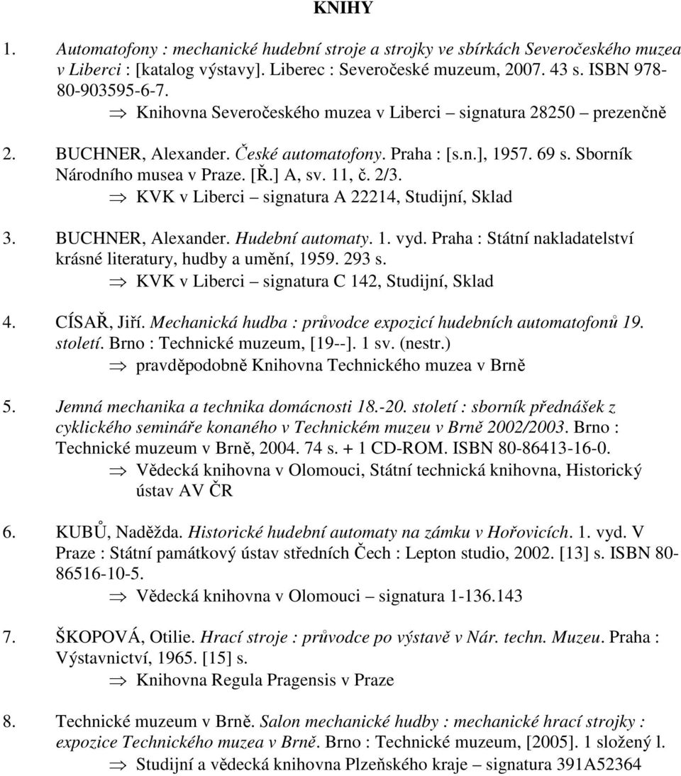 KVK v Liberci signatura A 22214, Studijní, Sklad 3. BUCHNER, Alexander. Hudební automaty. 1. vyd. Praha : Státní nakladatelství krásné literatury, hudby a umění, 1959. 293 s.