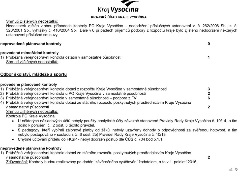 ne 0 provedené mimořádné kontroly 1) Průběžná veřejnosprávní kontrola ostatní v samostatné působnosti 1 - Odbor školství, mládeže a sportu 1) Průběžná veřejnosprávní kontrola dotací z rozpočtu Kraje