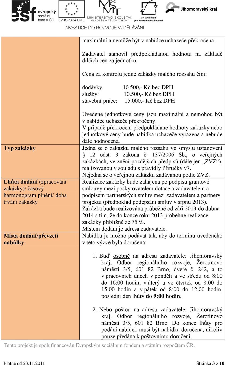 000,- Kč bez DPH Typ zakázky Lhůta dodání (zpracování zakázky)/ časový harmonogram plnění/ doba trvání zakázky Místa dodání/převzetí nabídky: Uvedené jednotkové ceny jsou maximální a nemohou být v