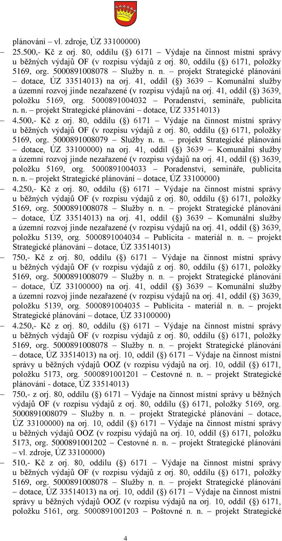 500,- Kč z orj. 80, oddílu ( ) 6171 Výdaje na činnost místní správy 5169, org. 5000891008079 Služby n. n. projekt Strategické plánování dotace, ÚZ 33100000) na orj.