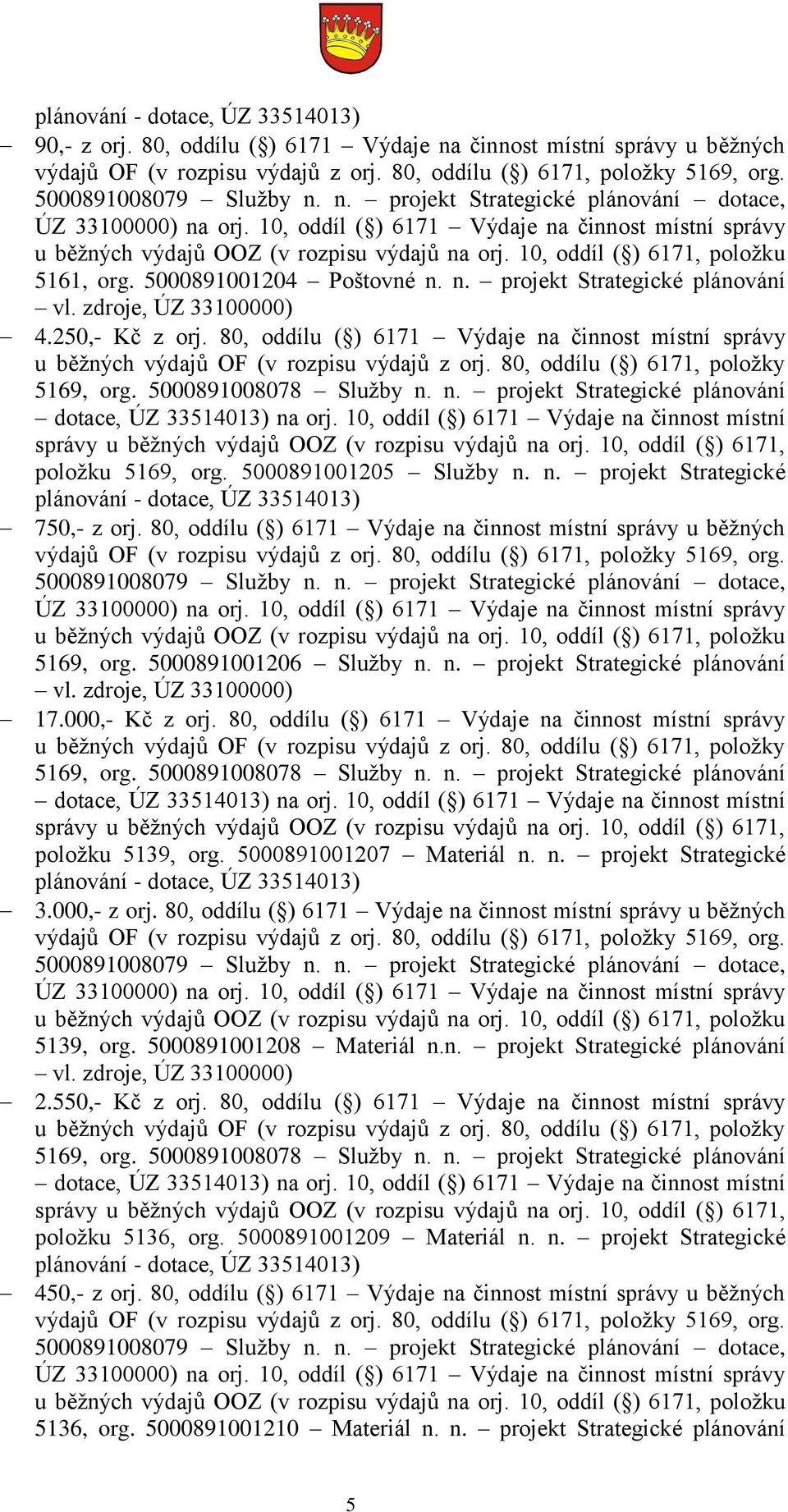 10, oddíl ( ) 6171, položku 5161, org. 5000891001204 Poštovné n. n. projekt Strategické plánování vl. zdroje, ÚZ 33100000) 4.250,- Kč z orj.