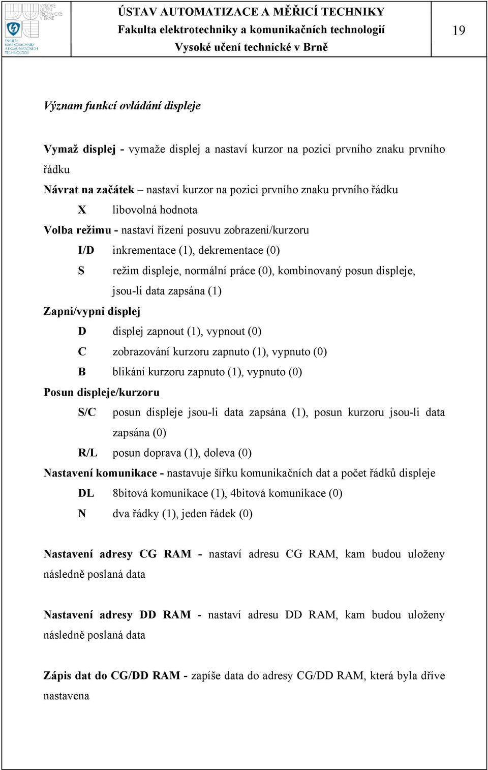 (1) Zapni/vypni displej D displej zapnout (1), vypnout (0) C zobrazování kurzoru zapnuto (1), vypnuto (0) B blikání kurzoru zapnuto (1), vypnuto (0) Posun displeje/kurzoru S/C posun displeje jsou-li