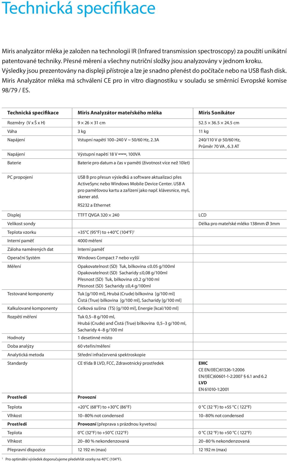 Miris Analyzátor mléka má schválení CE pro in vitro diagnostiku v souladu se směrnicí Evropské komise 98/79 / ES.
