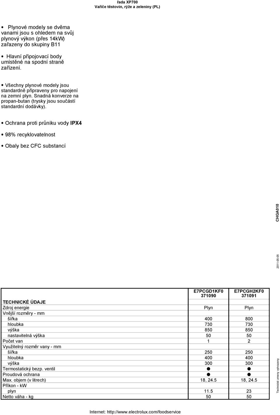 Ochrana proti průniku vody IPX4 98% recyklovatelnost Obaly bez CFC substancí TECHNICKÉ ÚDAJE Zdroj energie Plyn Plyn Vnější rozměry - mm šířka 400 800 hloubka 730 730 výška 850 850