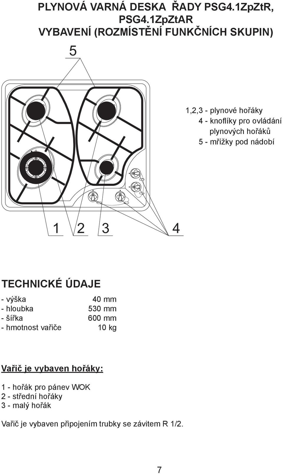plynových hoøákù 5 - møí ky pod nádobí 1 2 3 4 TECHNICKÉ ÚDAJE - vý ka 40 mm - hloubka 530 mm - íøka