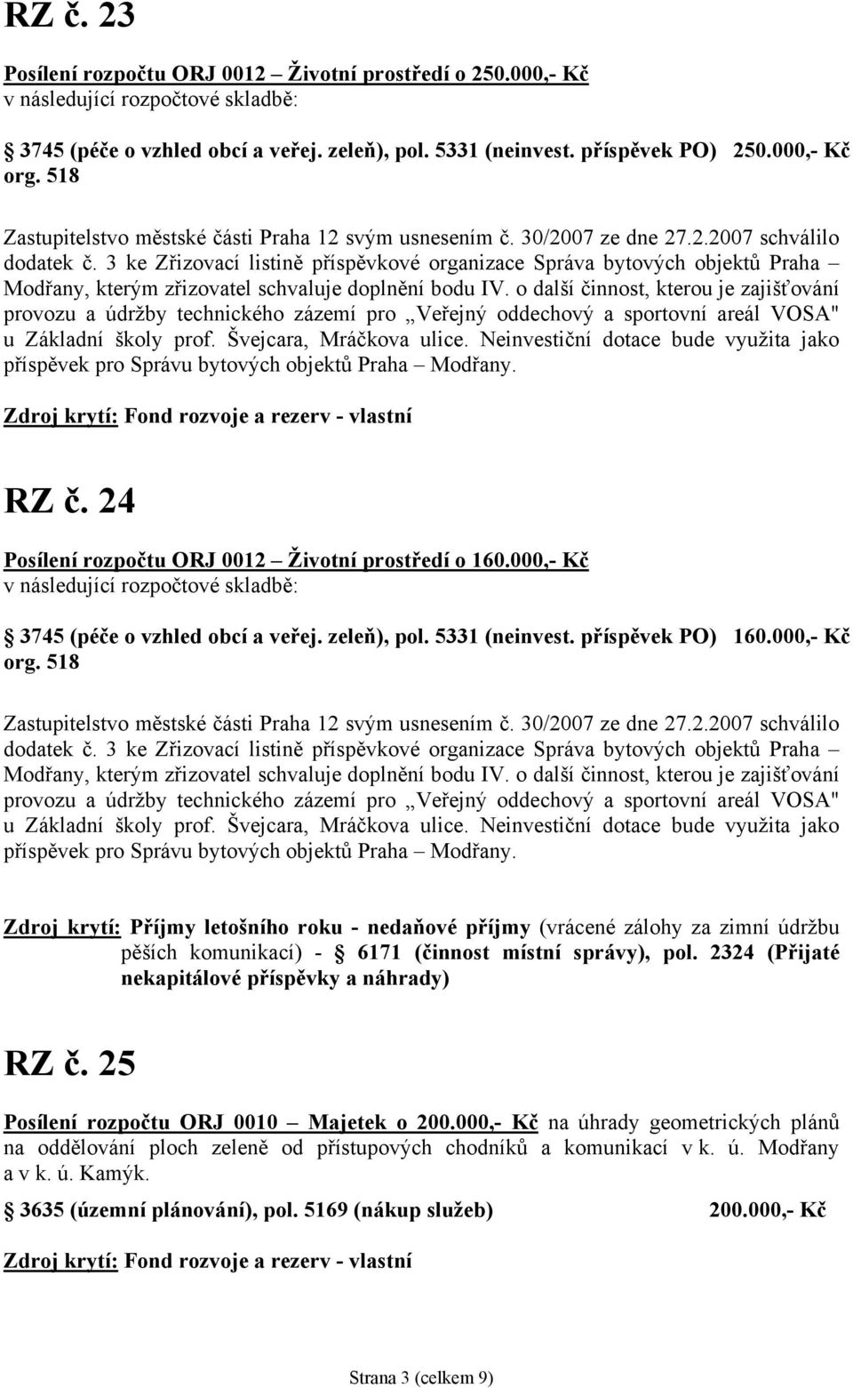 3 ke Zřizovací listině příspěvkové organizace Správa bytových objektů Praha Modřany, kterým zřizovatel schvaluje doplnění bodu IV.