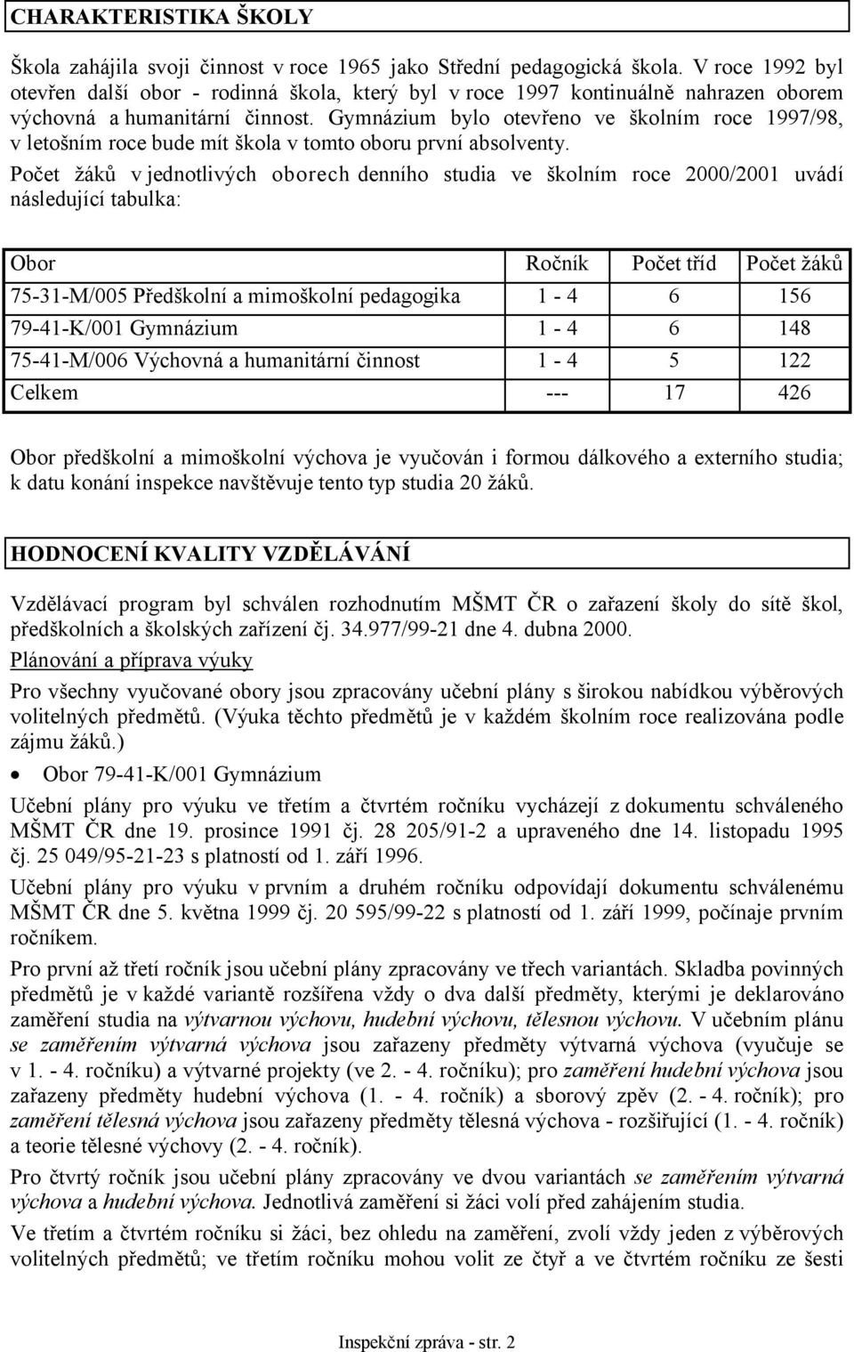 Gymnázium bylo otevřeno ve školním roce 1997/98, v letošním roce bude mít škola v tomto oboru první absolventy.