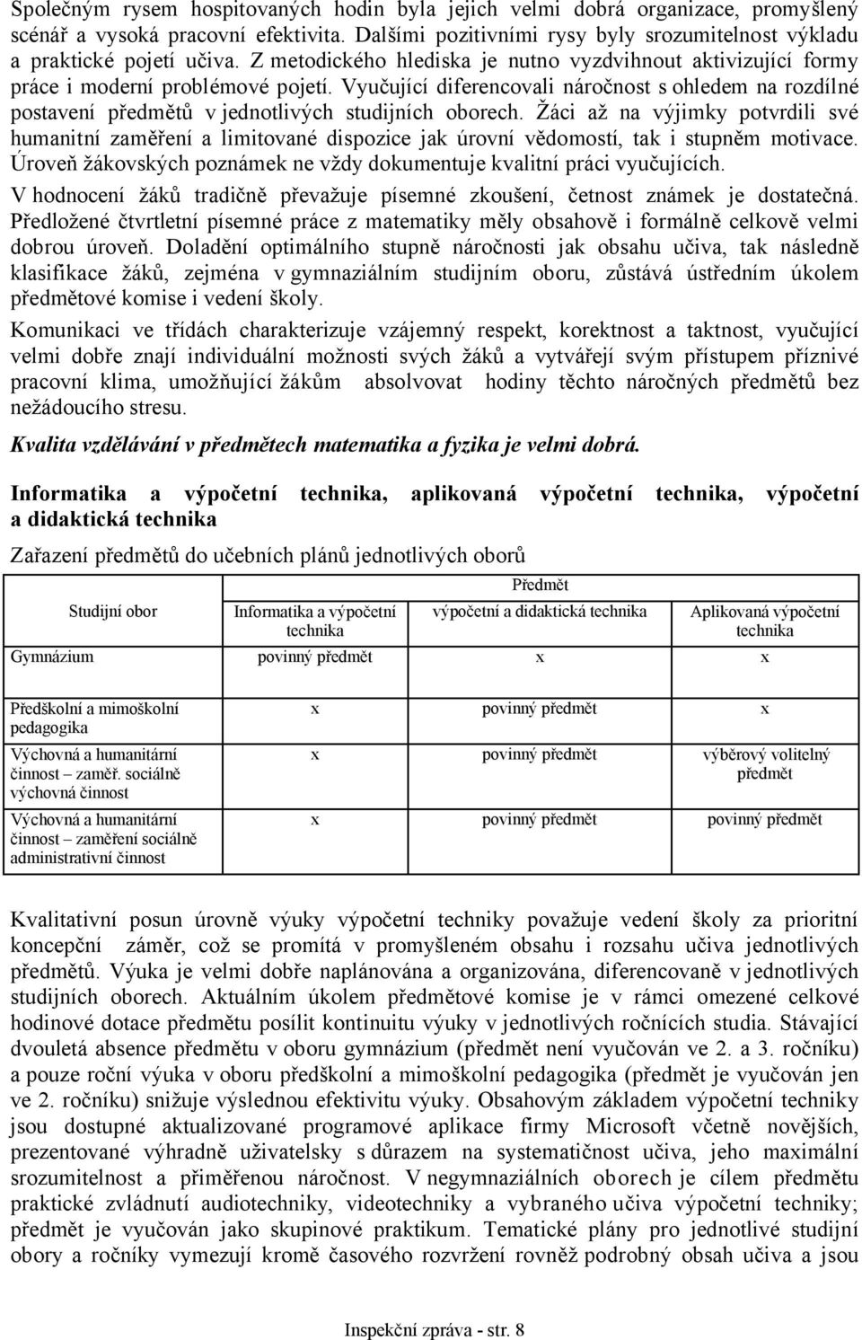 Žáci až na výjimky potvrdili své humanitní zaměření a limitované dispozice jak úrovní vědomostí, tak i stupněm motivace. Úroveň žákovských poznámek ne vždy dokumentuje kvalitní práci vyučujících.
