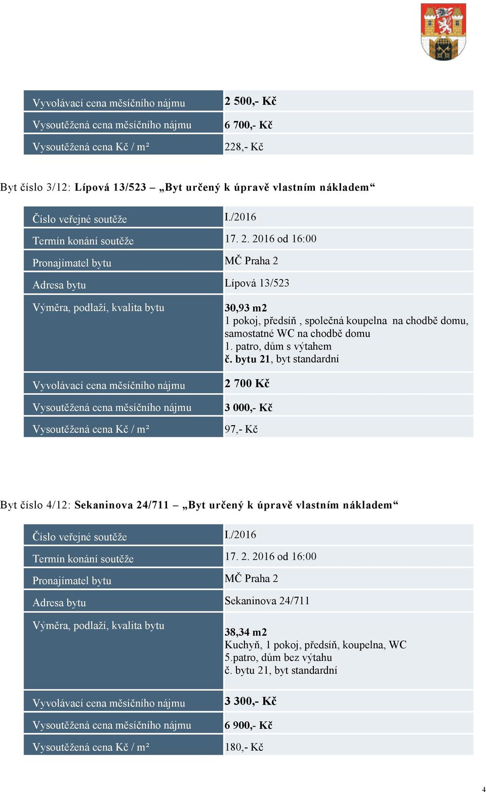 bytu 21, byt standardní 2 700 Kč 3 000,- Kč 97,- Kč Byt číslo 4/12: Sekaninova 24/711 Byt určený k úpravě vlastním nákladem Adresa